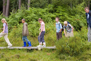 Teacher and pupils on field trip